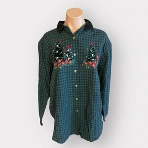 Casey & Max Women’s Large Plaid Felt Trees Button Down Ugly Christmas Shirt